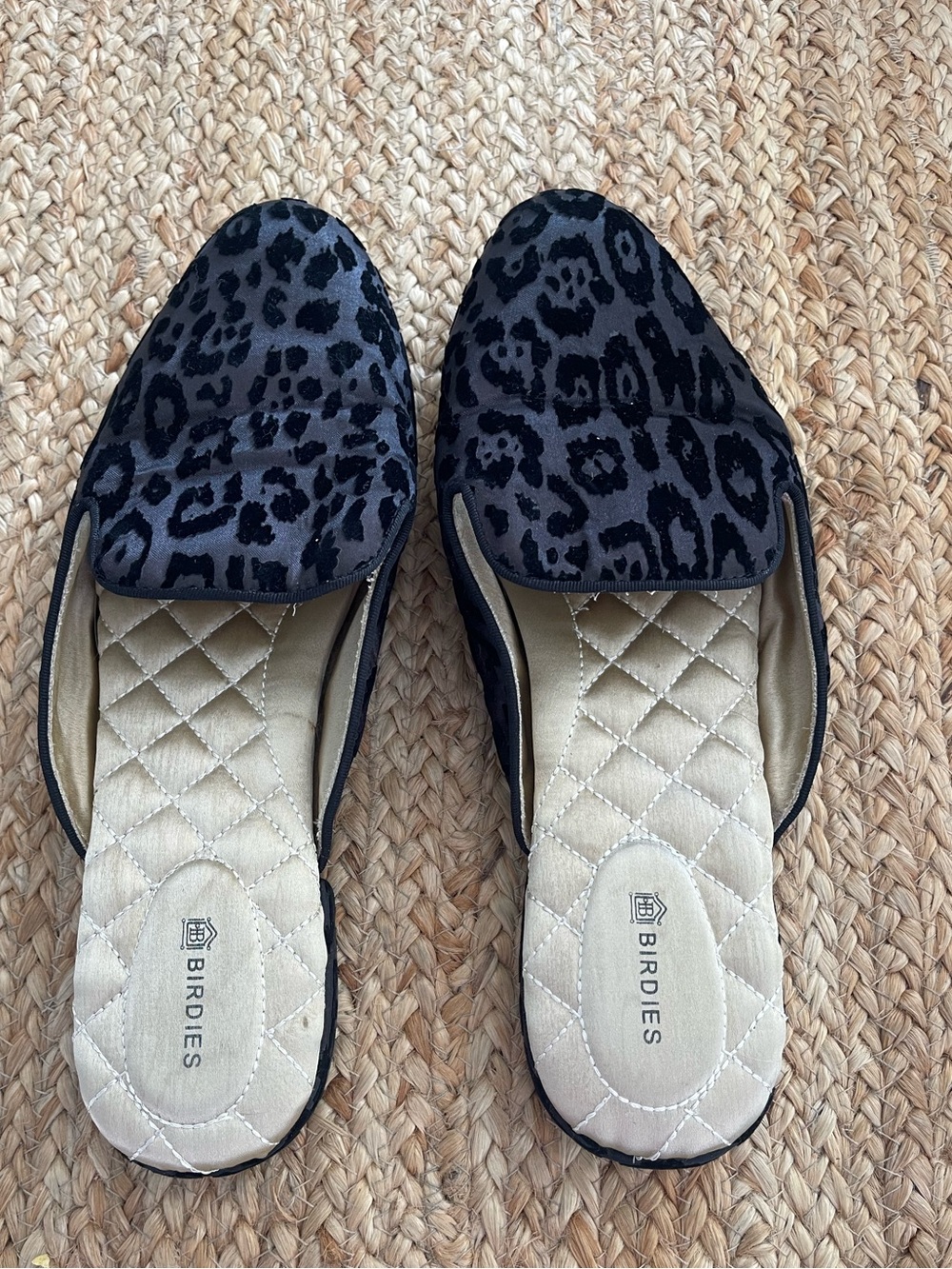 Birdies The Phoebe mules in black leopard print.